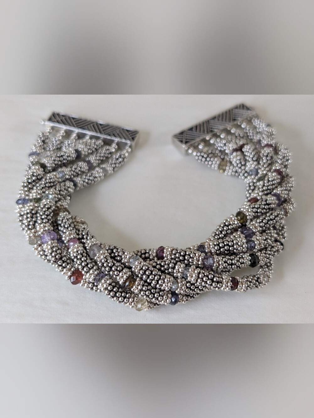 Sterling Silver 7.5" Multi Strand Gemstone Bracelet 3.5oz Tanzanite Tourmaline